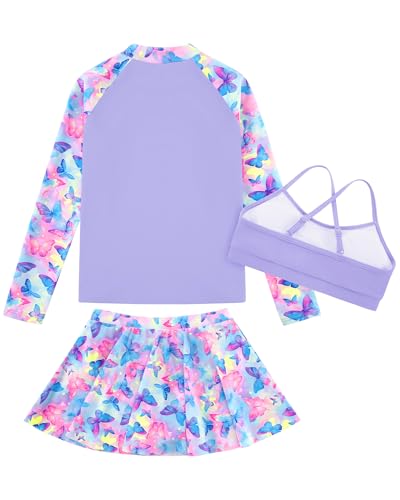 Girls Purple Rash Guard Swimsuit 3-Piece Tankini Set with Skirt, Ages 13-14