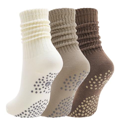Slouchy Pilates Socks with Grips - 3 Pack - Off White, Light Brown, Khaki