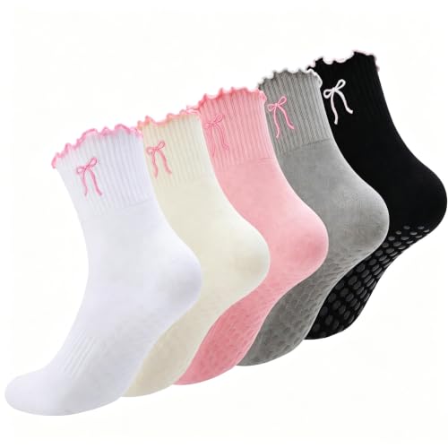 Grip Socks for Women - Cotton Ruffle Bow Yoga & Pilates - 5-Pair Set - Off-white, Pink, White, Black, Gray
