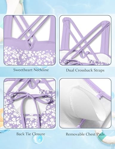 Girls One Piece Color Block Swimsuit with Crossback Straps - Purple Floral, 11-12Y