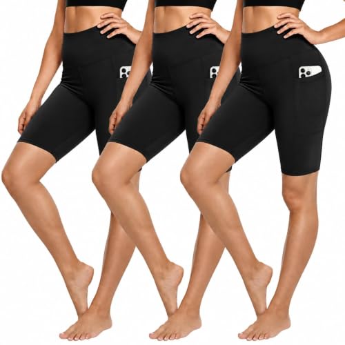 3 Pack Biker Shorts for Women – 8" Black High Waisted Tummy Control for Gym Workout Athletic Cheerleading Yoga