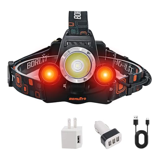 BORUIT Rechargeable Headlamp with Red Light, 90° Adjustable, 3 Modes