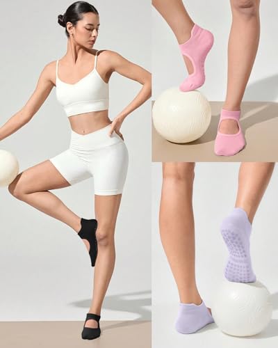 Non-Slip Grip Pilates Socks for Women - 4 Pairs, Small-Medium - Black/Purple/Pink/White
