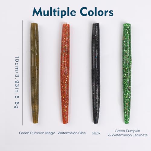 Soft Plastic Fishing Lures - 10pcs Rubber Worms, 3.93" Watermelon Color