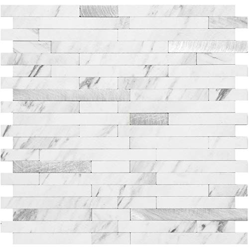 DICOFUN Peel and Stick Backsplash Tile, PVC Mixed Metal Stick on Backsplash Tiles for Kitchen and Bathroom (1, White Marble & Metal Silver)