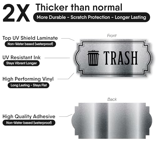 Recycle and Trash Stickers for Trash Cans - Metallic Vinyl Recycling Bin Labels ? 2 Pack - Large 10" by 4.25" Decals Logo - Waste Signs for Home Kitchen or Office Bins Indoor/Outdoor Use