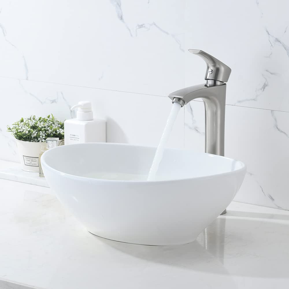 Oval Vessel Sink with Faucet and Drain Combo -Bokaiya 16x13 White Bathroom Sink Above Counter Oval Sink Porcelain Ceramic Vessel Sink Art Basin