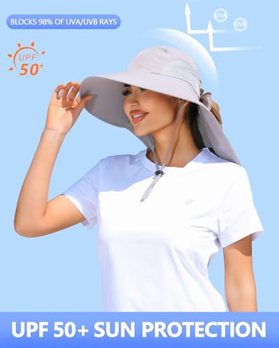 Women's Light Gray Wide Brim UV Sun Hat with Ponytail Hole & Neck Flap - One Size Outdoor Hat