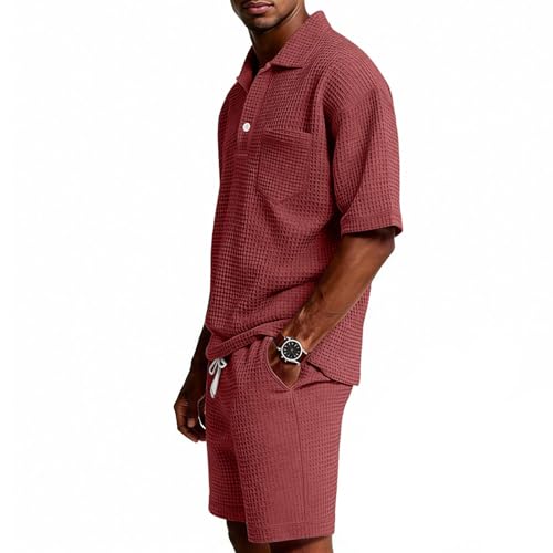 Men's Waffle Knit Polo Shirt and Shorts Set - Watermelon Red, 4X-Large