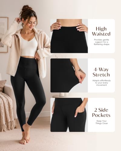 QGGQDD Women's Fleece Lined Thermal Leggings Black Large-X-Large Pockets
