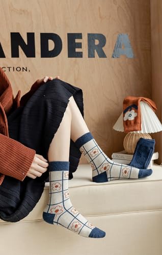 Wool Socks for Women Thick Knit Vintage Floral Crew Socks - 5 Pairs Blue Flowers (5-9)