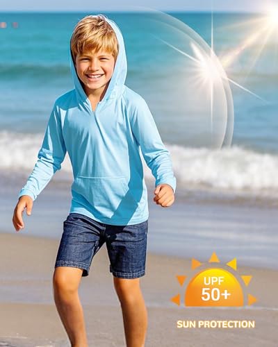 Boys Long Sleeve Hoodie Swim Shirt - UPF 50+ Sun Protection, Crystal Blue, Large