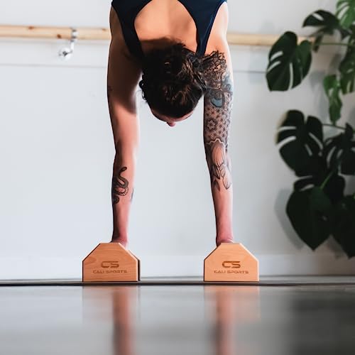 Wood Parallettes Push Up Bars - Cherry Wood with Wrist Wraps