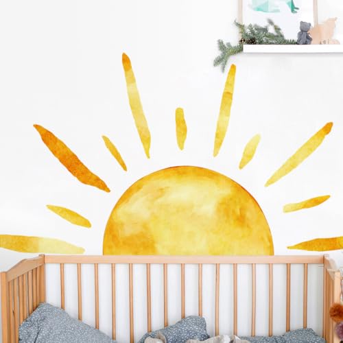 Boho Sun Wall Decals Watercolor Sunshine Wall Stickers Yellow Half Sun Wall Decor for Kids Removable Peel and Stick Wall Mural Art for Baby Bedroom Nursery Classroom Preschool MS8451-NH