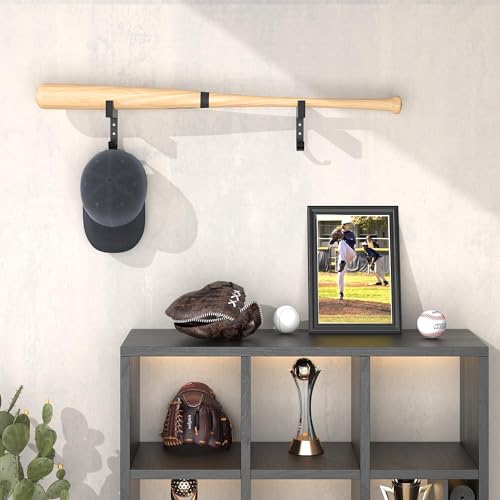 Baseball Bat & Cap Holder Wall Mount - Black Wood & Iron, 4.2"