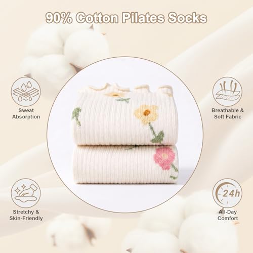 Non-Slip Pilates Grip Socks for Women - 2 Pack Beige Flower & Red Flower