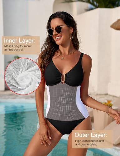 UMIPUBO Women's Black Medium Size Ruched Tummy Control One-Piece Swimsuit with U-Ring and Colorblock Design