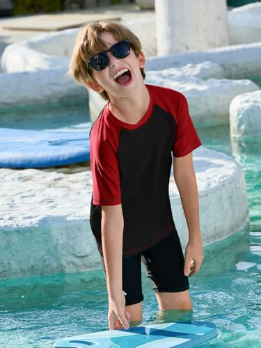 Boys UPF 50+ Raglan Rash Guard Swim Shirt - Color Block Black, 11-12 Years