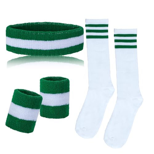5-Piece Retro Striped Sweatband and Socks Set - Green+White