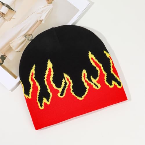 Red Medium-Large Fire Flame Beanie Baggy Slouchy Knit Rock Punk Ski Hat Skull Cap