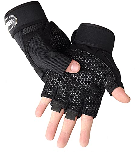 Workout Gloves with Wrist Wraps for Men - Black, Large