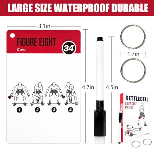 Kettlebell Workout Cards - 59 Exercise Cards with Dry-Erase & Rings