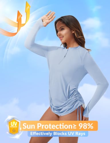 Light Blue Long Sleeve Rash Guard for Women - UPF 50+ Swim Shirt with Pocket - Large