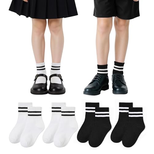 Kids Athletic Socks - Striped Crew Socks for School Uniform - Black & White - Big Kid / X-Large
