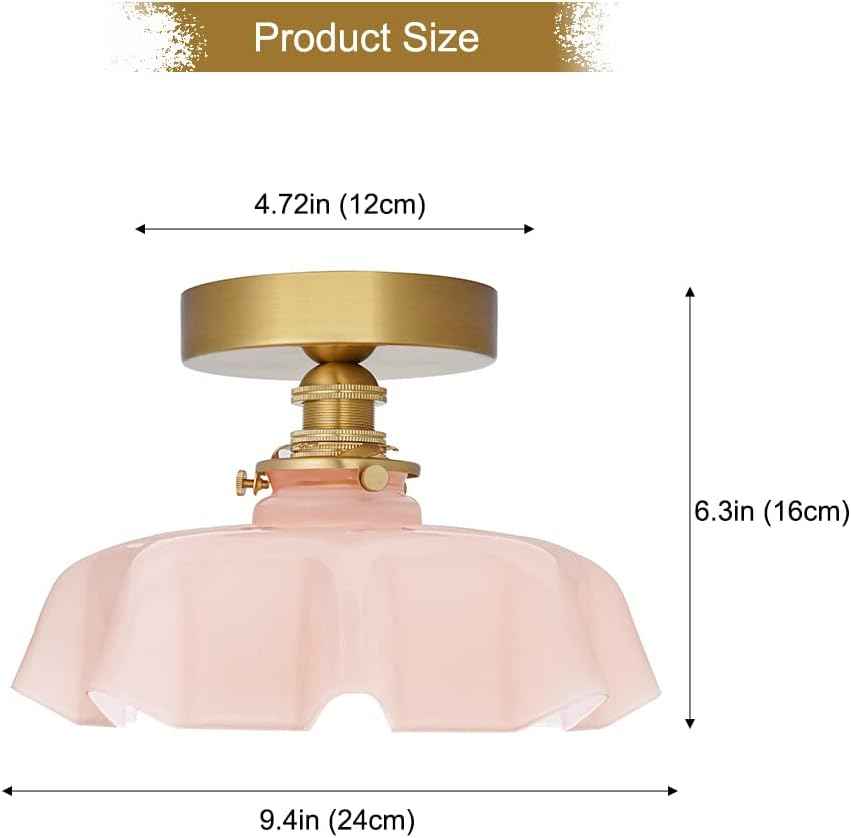 Vintage Pink Flush Mount Ceiling Light - Brass Semi-Flush Fixture with Flower Glass Shade for Small Rooms & Hallways