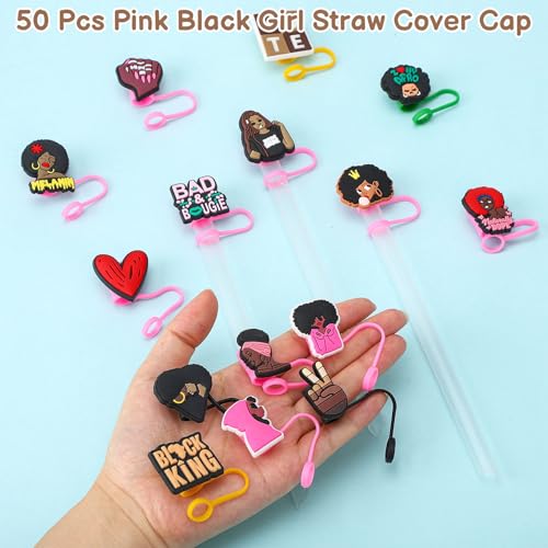 10mm 50 Pcs Pink Black Girl Straw Cover Caps for Stanley Cups - Silicone Leak-Proof Fits Most