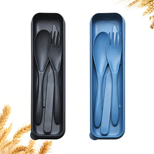 Reusable Travel Utensils Set - 2 Sets Wheat Straw Cutlery Case - Black & Dark Blue