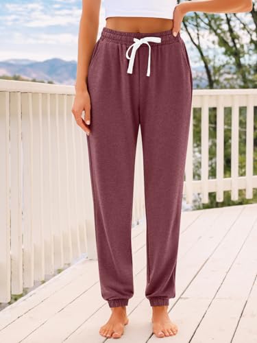 AUTOMET Women's High Waisted Lounge Sweatpants Jogger Pants with Pockets - Large Wine Red