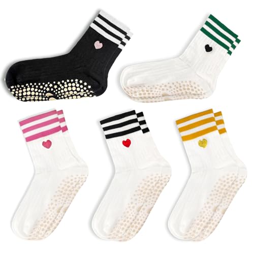 Non-Slip Yoga Pilates Grip Socks - Heart Pattern - 3-Pair Set - Black/White/Pink