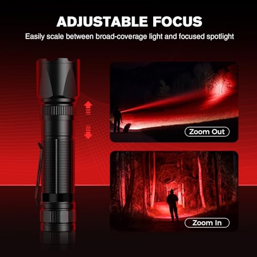 RECHOO Red LED Flashlight with Zoom, 3 Modes, Rechargeable, Portable for Hunting & Night Observation