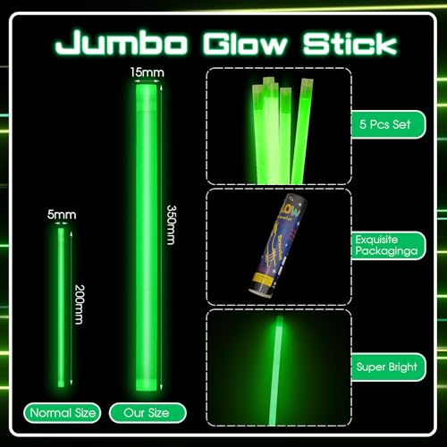 Green 14-Inch Jumbo Glow Sticks Pack of 5 for Parties & Outdoor Events