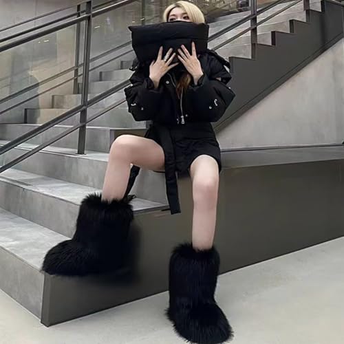 WOVOIE Women's Faux Fur Snow Boots - Black, Size 7.5, Mid-Calf Winter Boot
