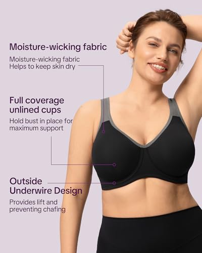 HSIA 36G Black High Support Sports Bra for Women Full Coverage Large Bust