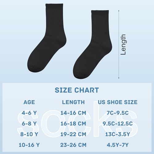Kids Athletic Crew Socks - 6 Pairs Unisex Soft Cotton Black Stripe (6-8 Years)