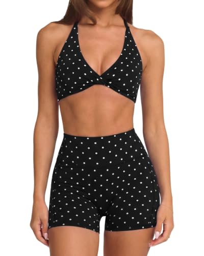 SUUKSESS Women's 2-Piece Workout Set Polka Dots Black Large Sports Bra & Biker Shorts