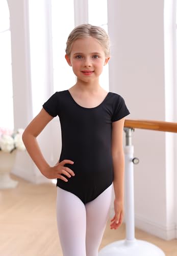 Mecceos Girls Ballet Leotard Short Sleeve Toddler Gymnastics Bodysuit - Black, 6-8 Years