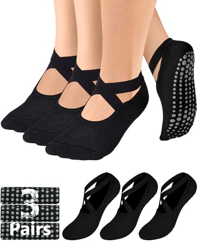 AURUZA Medium 3-Pair Non-Slip Pilates & Yoga Grip Socks Women - Black