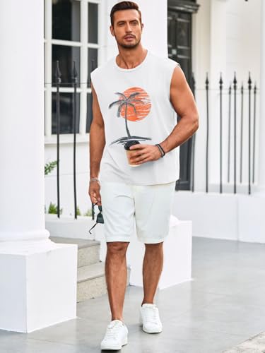 Runcati Men's White XL Hawaiian Beach Tank Top - Summer Graphic Sleeveless Shirt