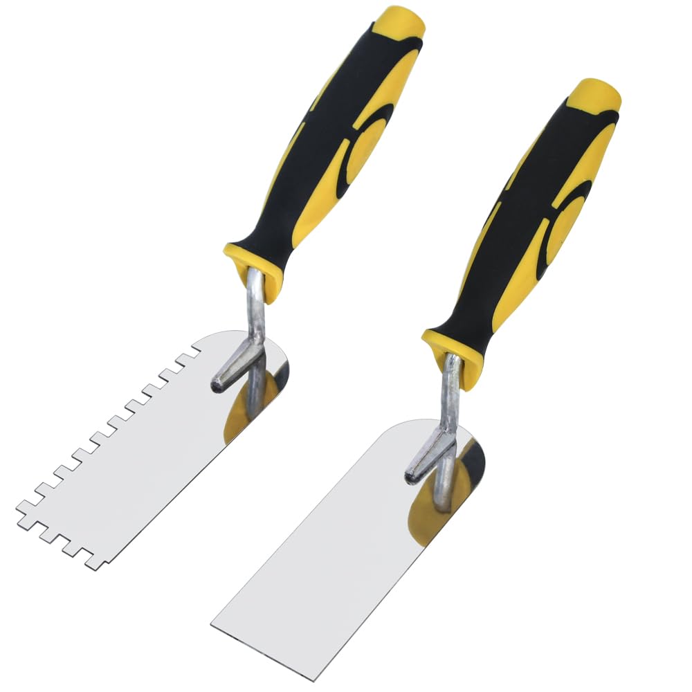 Concrete Tile Tools Set Stainless Steel Flat Plus Square-Notched Margin Trowel (Notch Size: 1/4", Overall Size 6" x 2") Stucco Cement Finishing Drywall Plastering Kit Masonry Construction Hand Tool