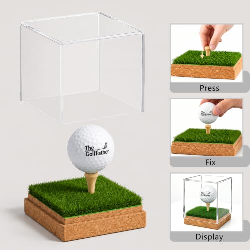 Golf Ball Display Case with Wooden Base & Tee - Clear Acrylic Holder