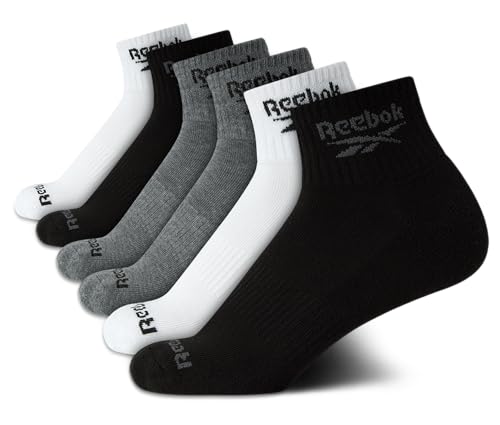 Reebok Boys Performance Quarter Socks 6 Pack Large Black Grey White Kids Athletic Socks