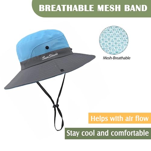 Women's Bucket Hat with Ponytail Hole - UV Protection, Foldable - Medium Blue & Grey