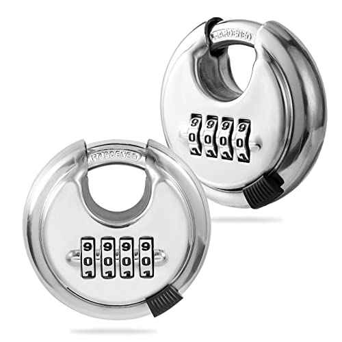 Rohuis Round Combination Lock, Uncuttable Combination Disc Padlock, 3/8 Inch Shackle Outdoor Combo Lock Discus Pad Lock for Storage Unit, Garages, Fences (2 Pack) Silver 2pcs