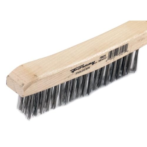 Forney 70521 Wire Scratch Brush, Stainless Steel with Curved Wood Handle, 13-3/4-Inch-by-.013-Inch