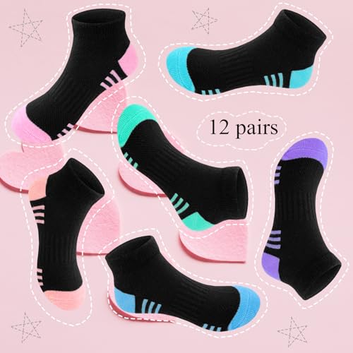Black Girls Socks 12 Pairs Kids Ankle Athletic Cotton Sports Low Cut Shoes (Ages 10-14)