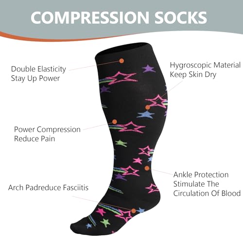 Plus Size Compression Socks for Women & Men - Black & Pink Meteor - 3X-Large to 4X-Large